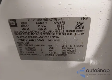 2011 Chevrolet Equinox 2Lt из США, поврежденный, VIN 2CNALPEC1B6203623